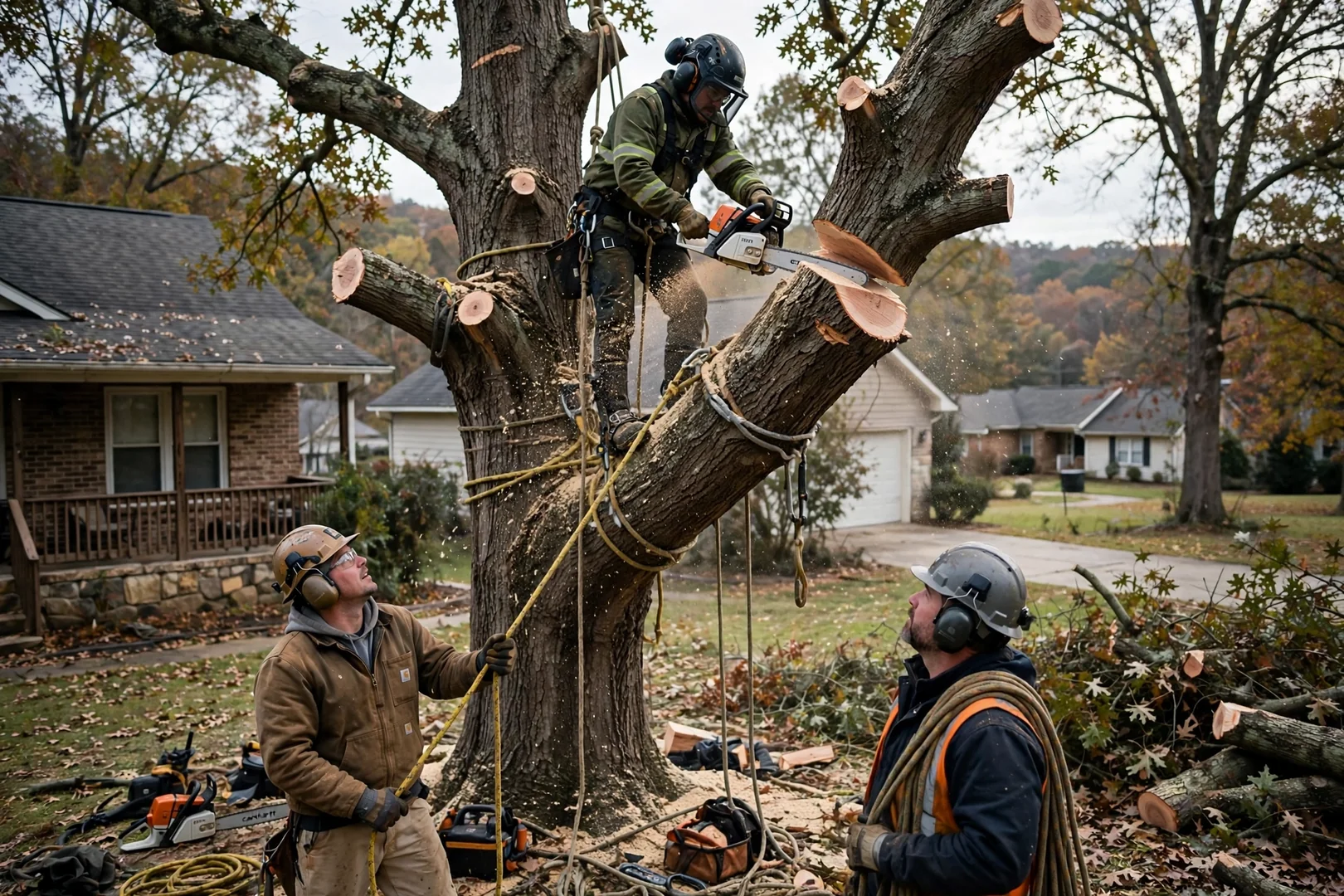 Large hardwood tree being taken down in sections near a house in Fayetteville
