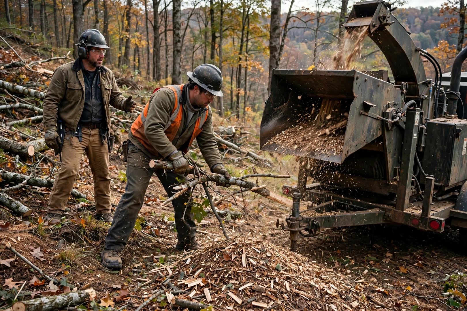 Wood chipper processing cut brush and limbs on a hillside clearing job