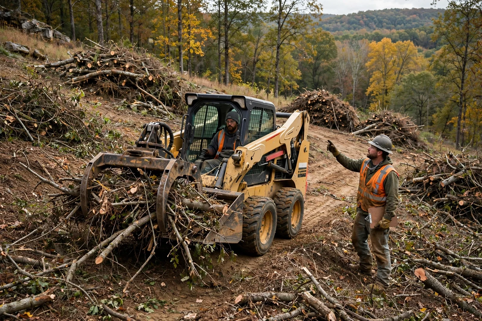 Skid steer with grapple hauling cut brush piles off a hillside lot