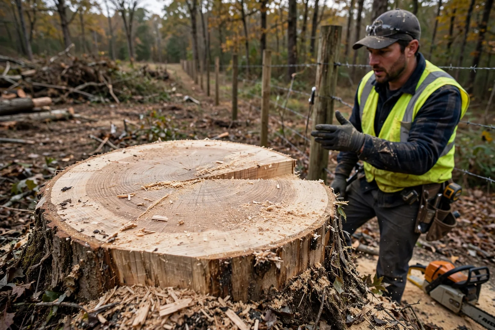 Close-up of a fresh tree stump cut flush near a cleared fence line