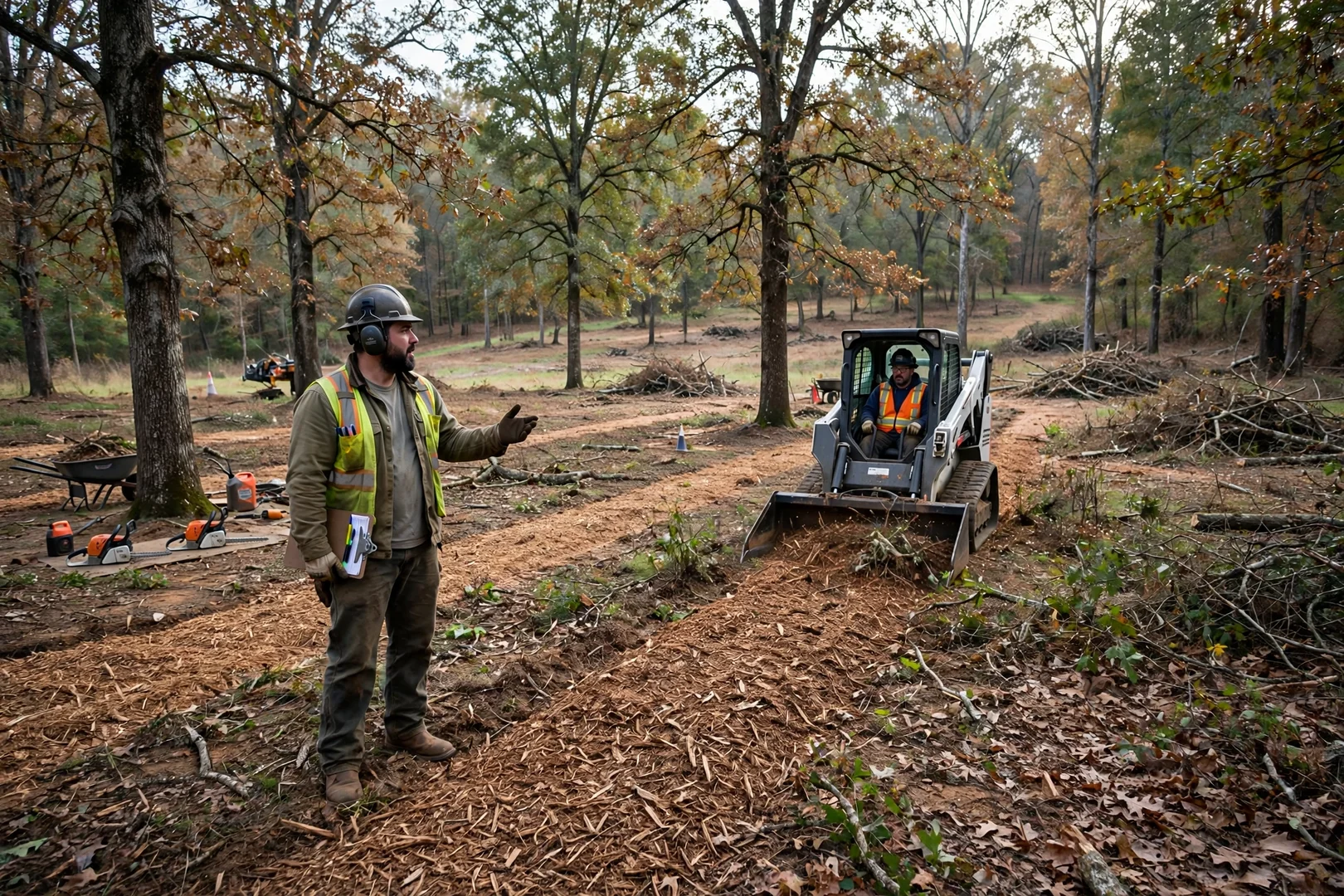 Wide view of a thinned wooded acreage with open understory and chipped mulch paths