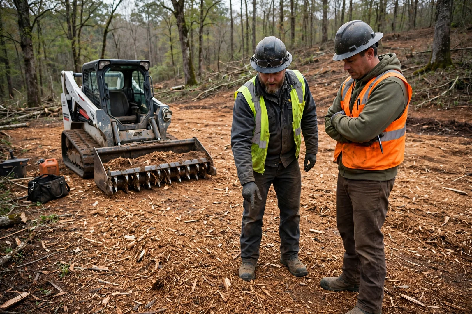 Cleared wooded lot with fresh mulch layer after forestry mulching near Fayetteville, AR