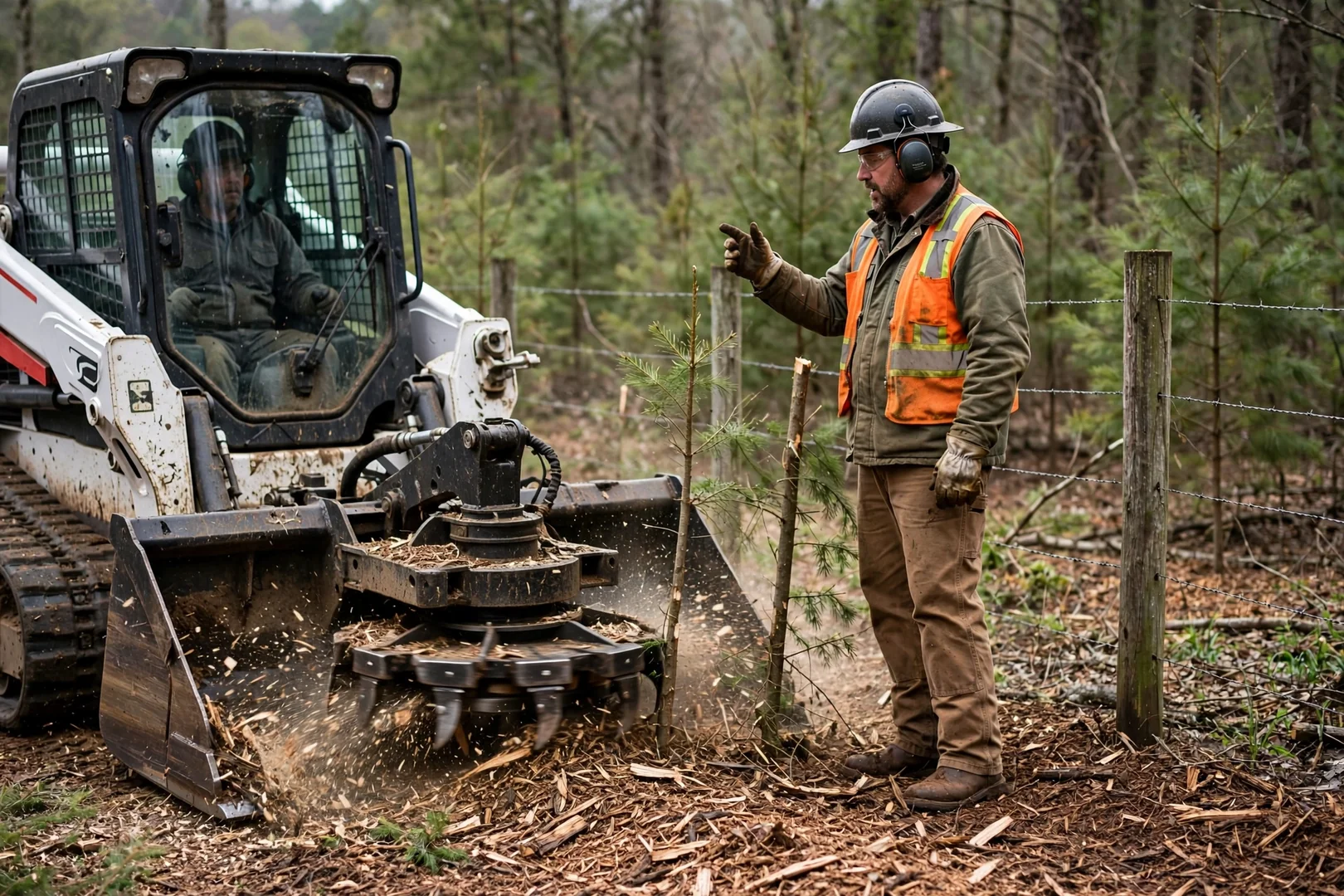 Forestry mulching head grinding cedar saplings along a wooded fence line near Fayetteville