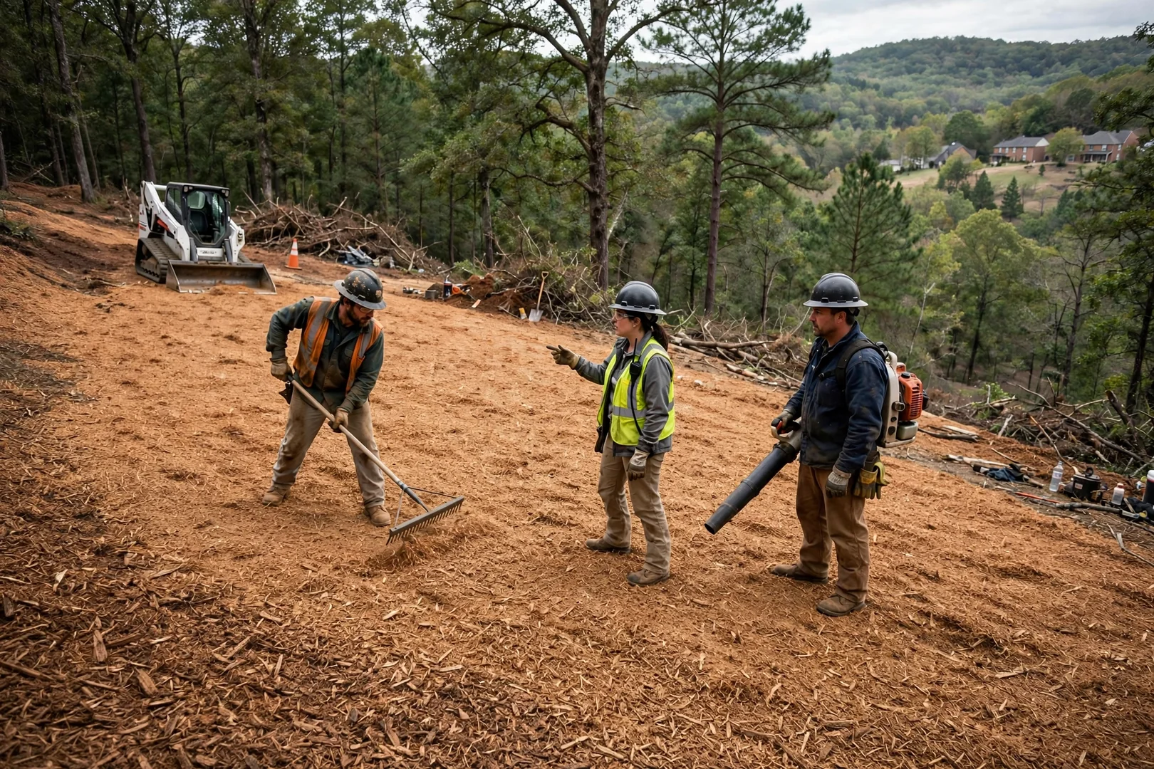 Wide view of a cleared hillside lot covered in fresh wood mulch layer