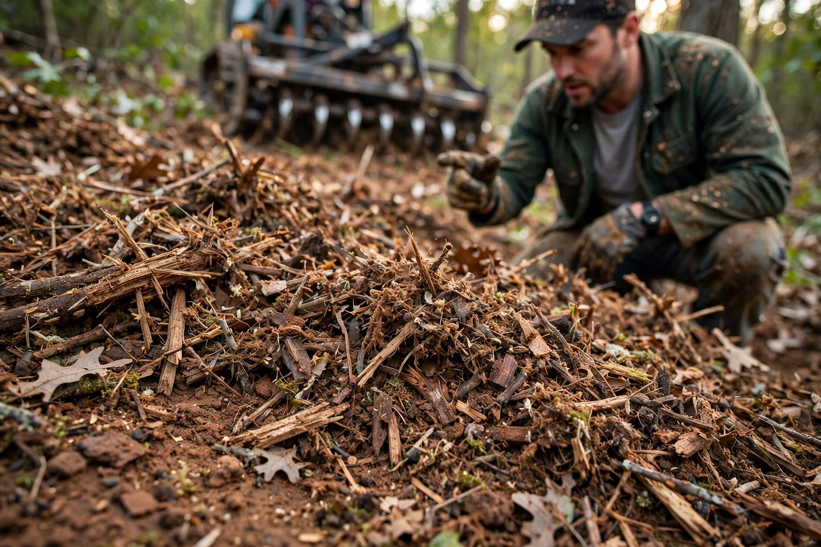Close-up of shredded brush and mulch left on soil after forestry mulching work