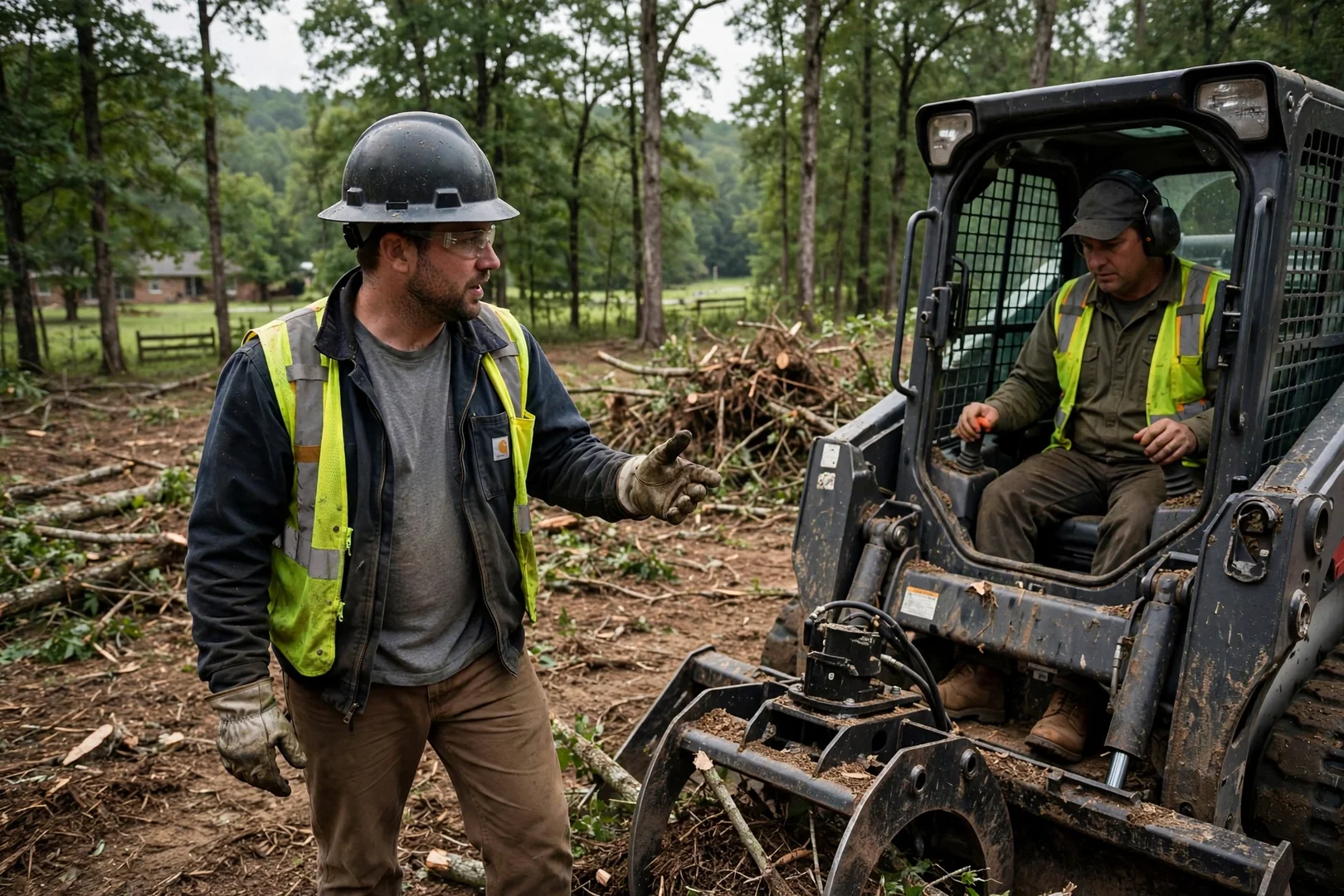 Forestry mulcher clearing thick brush on a wooded lot in Fayetteville on a dry day