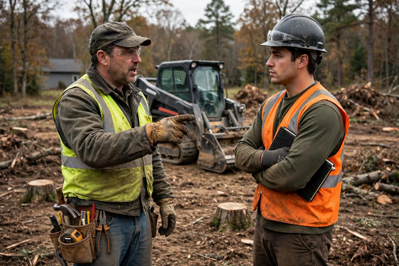 Contractor walking a wooded lot with a homeowner before land clearing