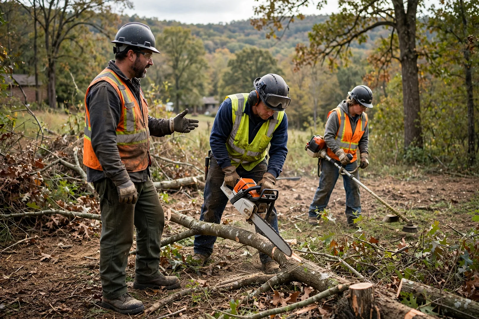 Land clearing crew reviewing a wooded lot with a property owner in Fayetteville, AR