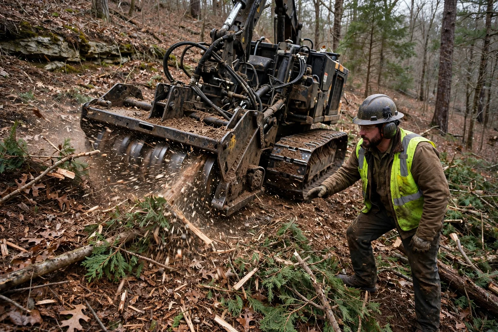Tracked forestry mulcher grinding cedar brush on a wooded hillside in Fayetteville