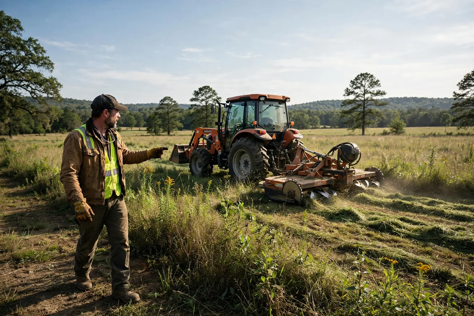 Tractor with rotary cutter mowing a wide open field under a clear sky