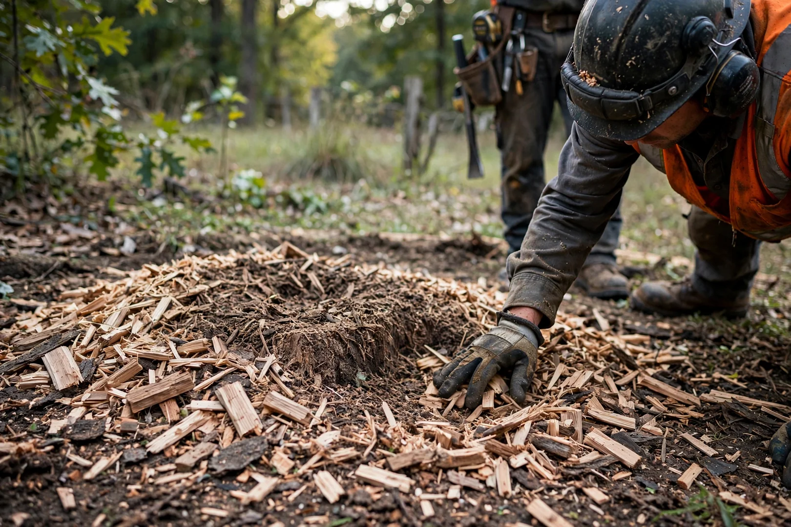 Close-up of ground stump and fresh wood chips left after tree removal