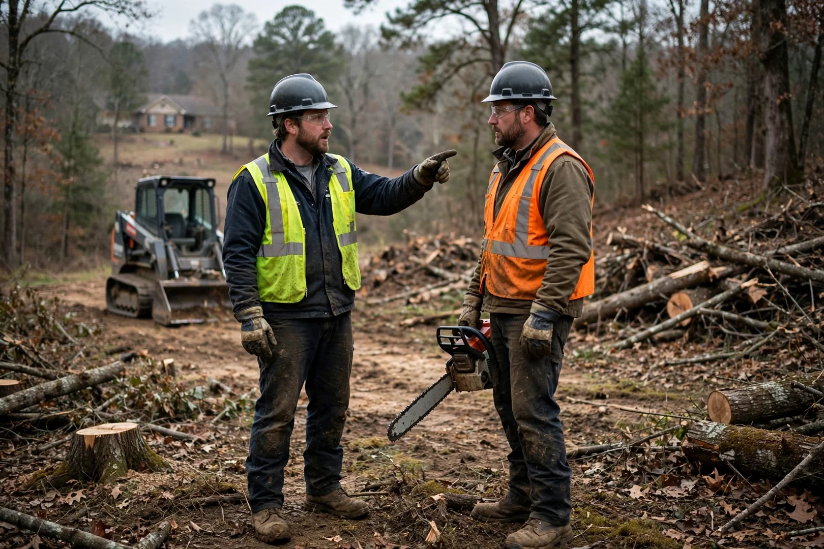 Contractor on phone beside a skid steer at a cleared lot