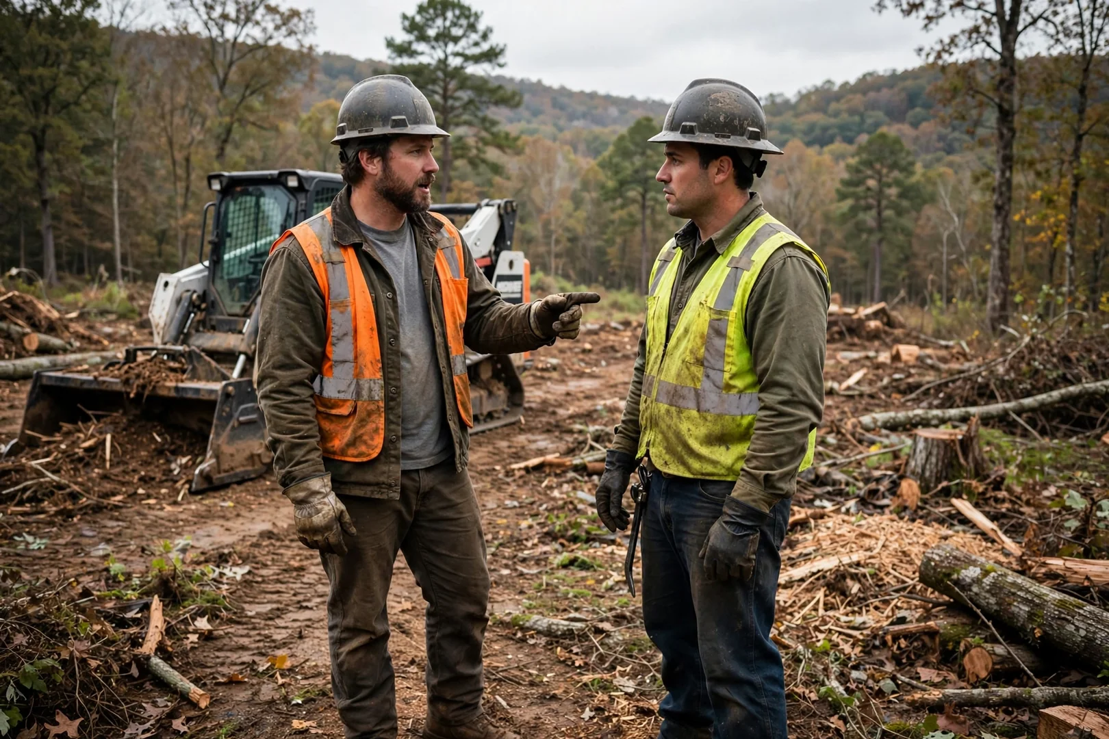 Hard hats, chainsaw chaps, and safety gear laid out beside a land clearing skid steer