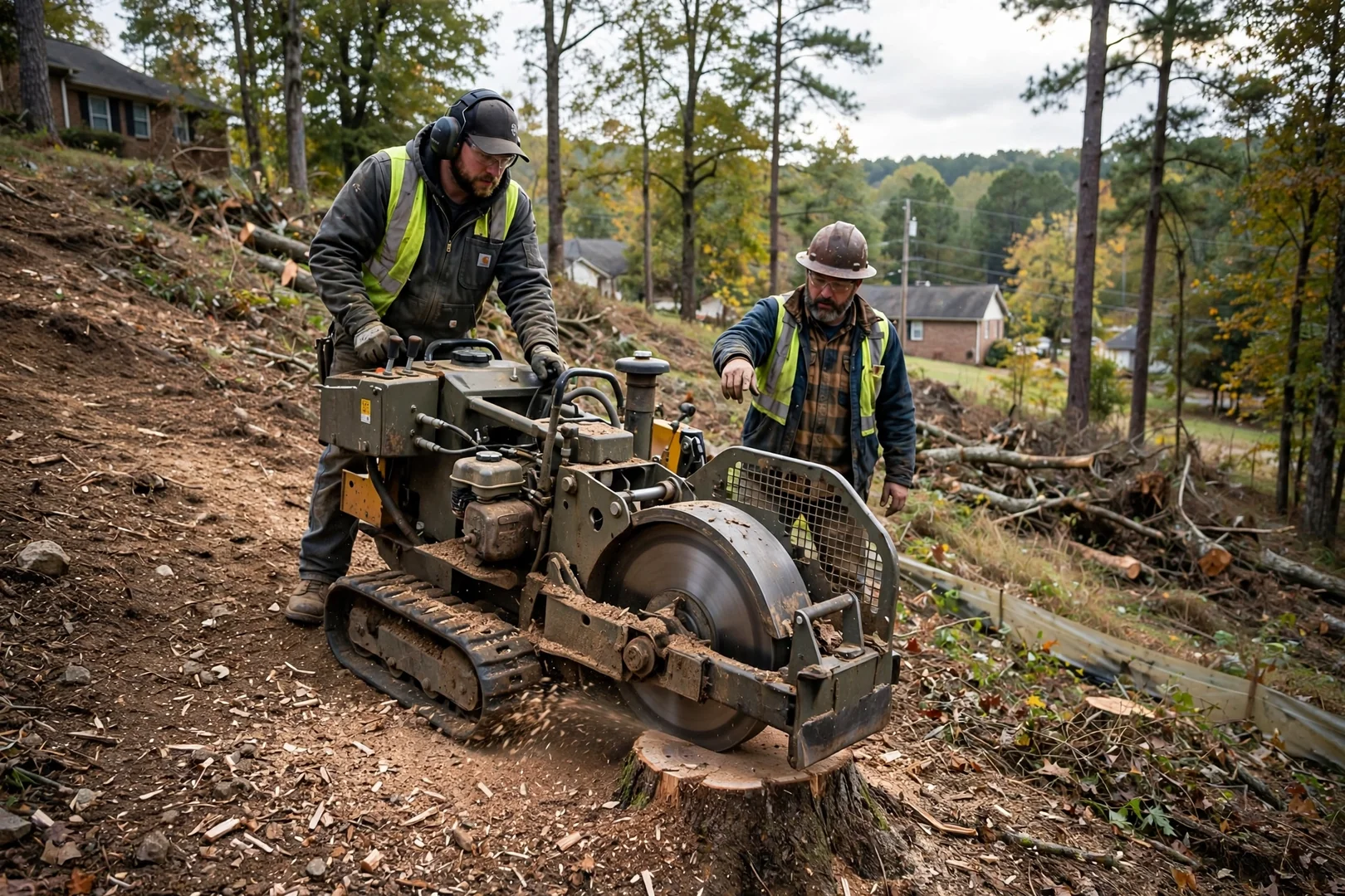 Stump grinder working on a sloped lot during site prep in Fayetteville