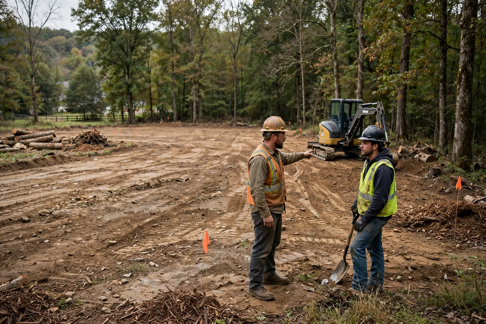 Cleared residential building lot with fresh rough grading and tree line edge in Fayetteville