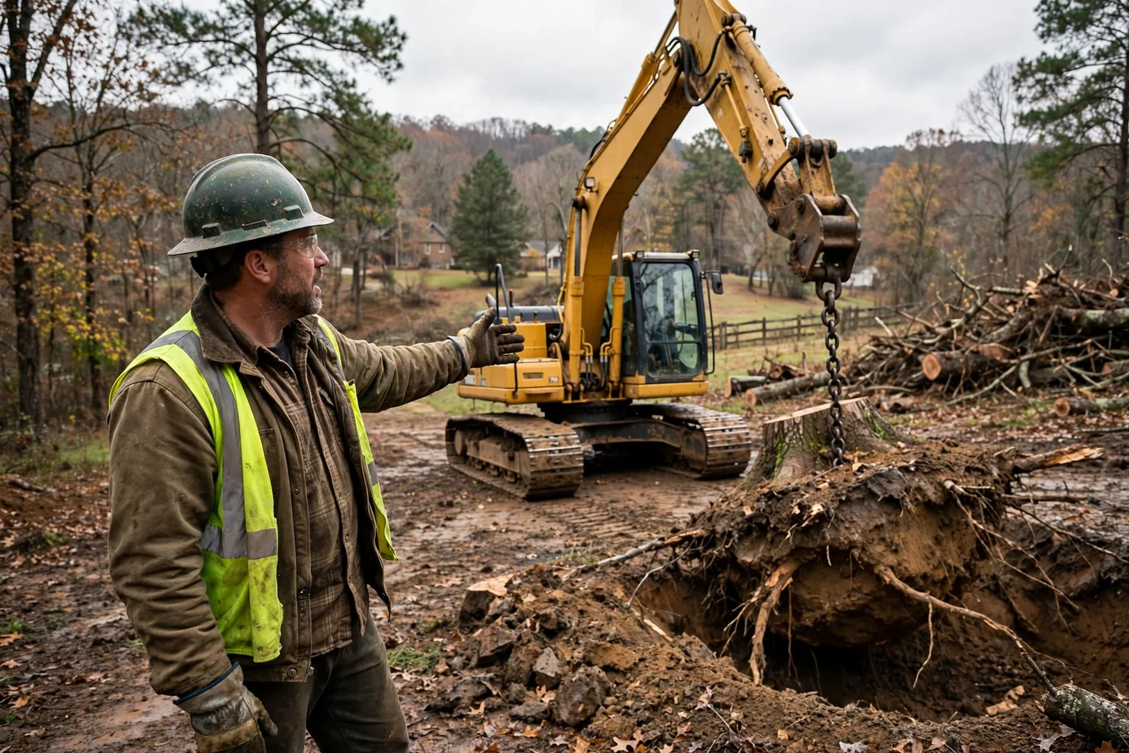 Excavator pulling a large stump and root ball during land grubbing work
